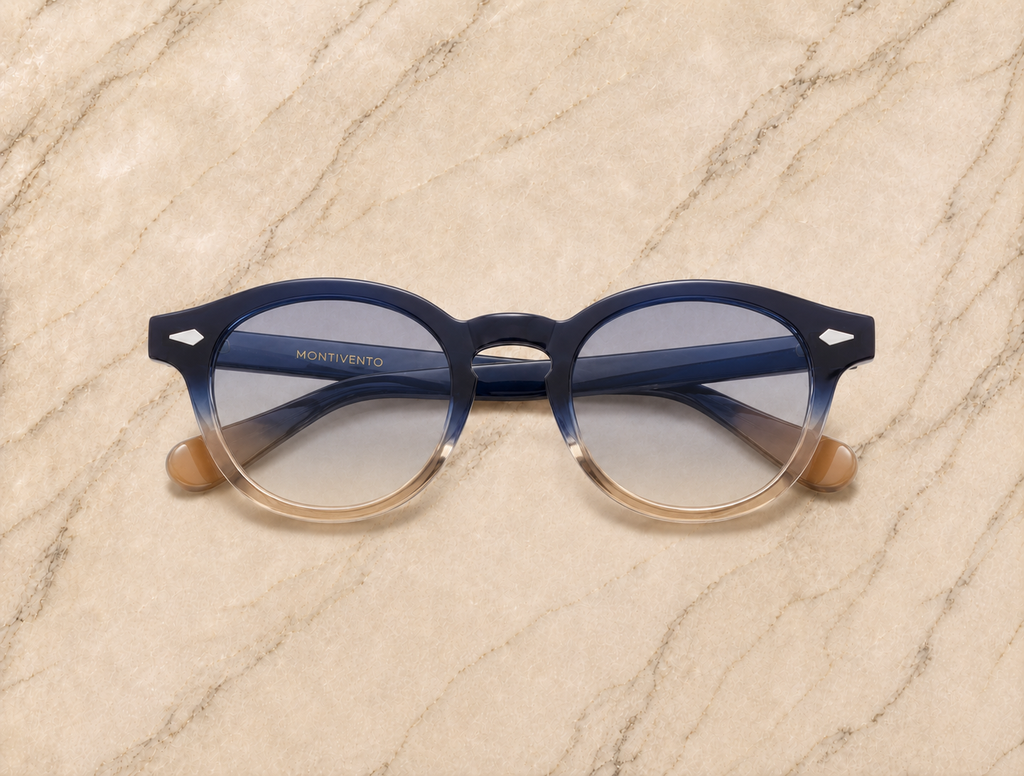 Lunettes de soleil Saint-Raphaël SIGNATURE, monture bicolore bleu et miel, verres bleus dégradés — Montivento
