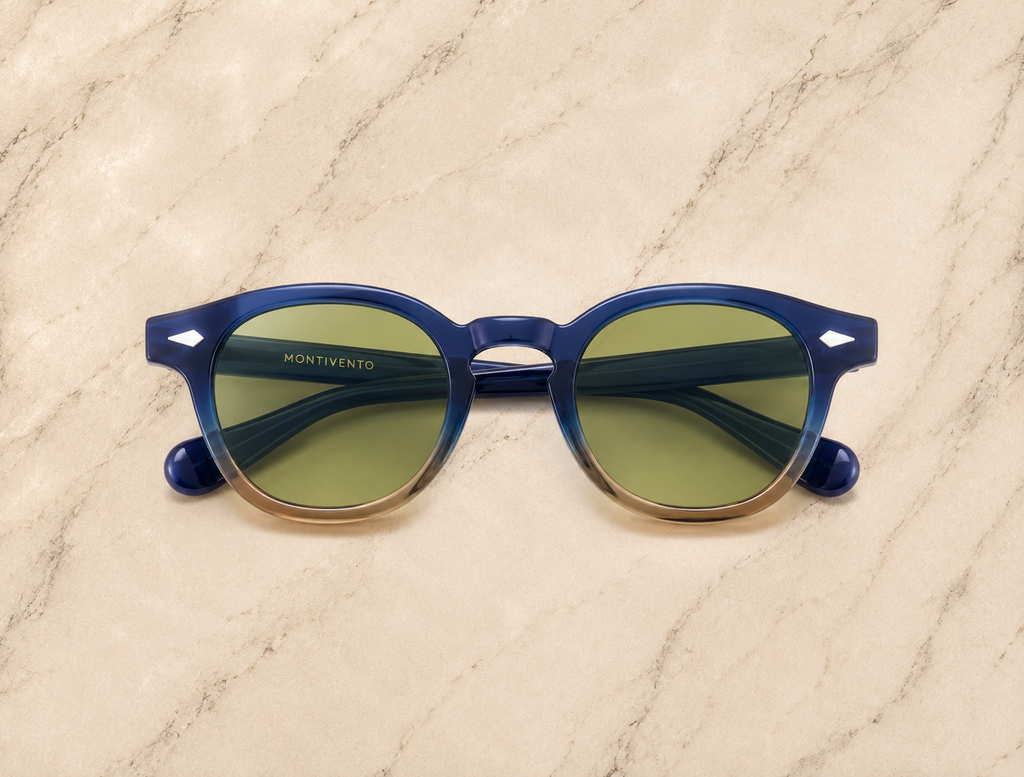 Lunettes de soleil Sirmione SIGNATURE, monture bleu profond et miel, verres verts dégradés — Montivento